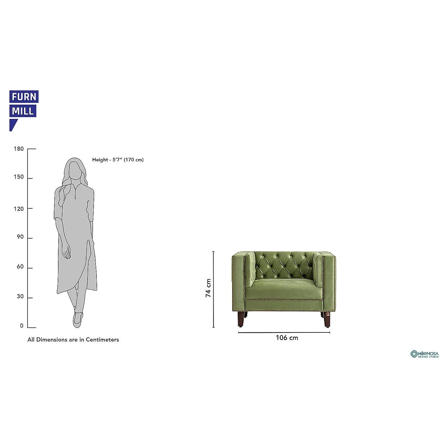 Manchester 1 Seater Wooden Sofa (Velvet, Green)