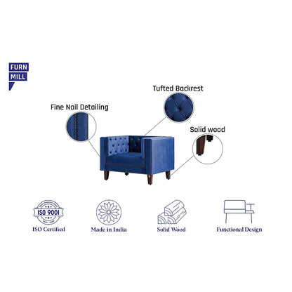 Manchester 1 Seater Wooden Sofa (Velvet, Blue)